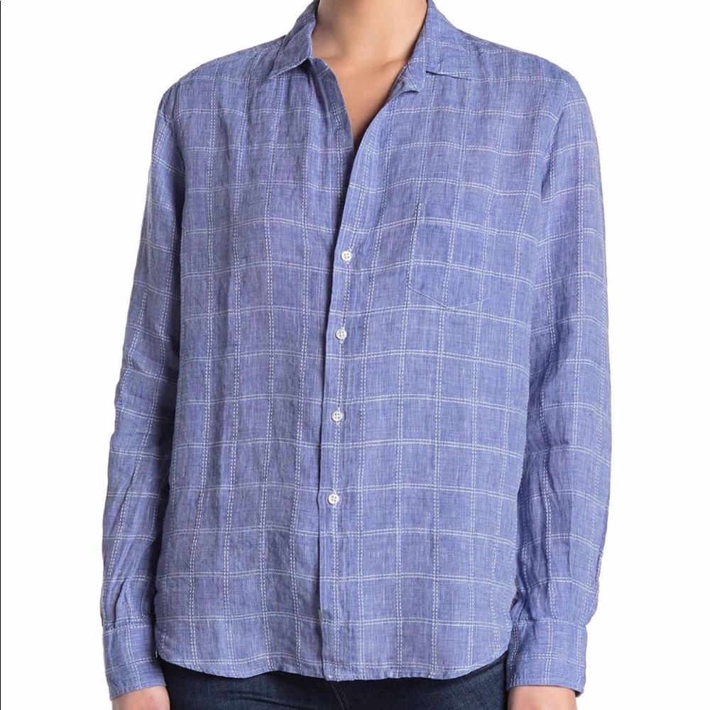 FRANK + EILEEN Eileen Blue Windowpane Linen Blouse $278 S MADE IN USA